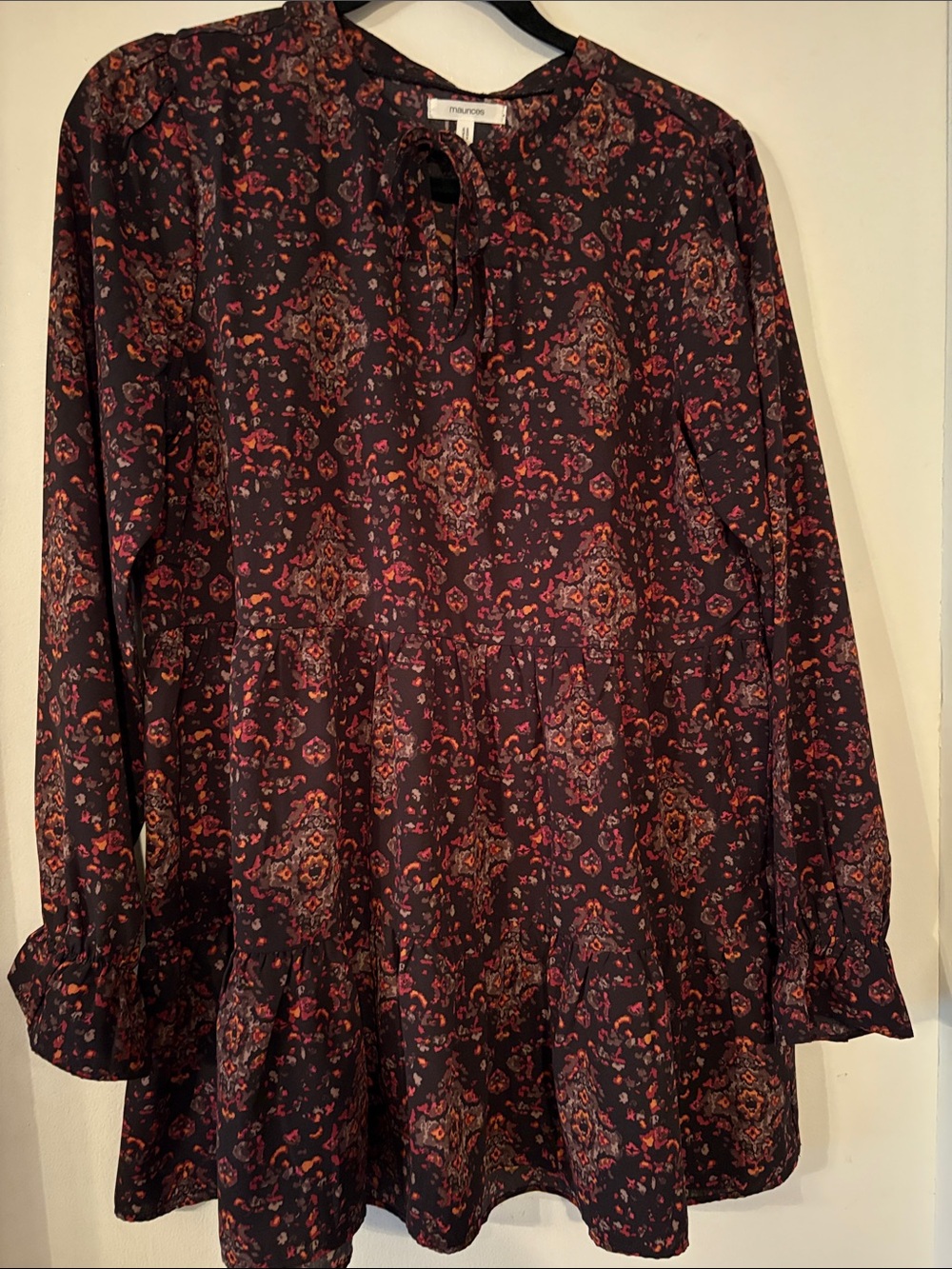 Dark Floral Peasant Tunic Shirt with Tie Neck